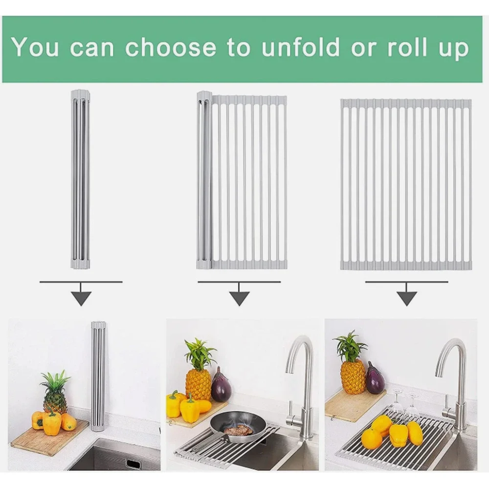 Over The Sink Roll Up Dish Drying Rack Stainless Steel Kitchen Drying Rack-Large
